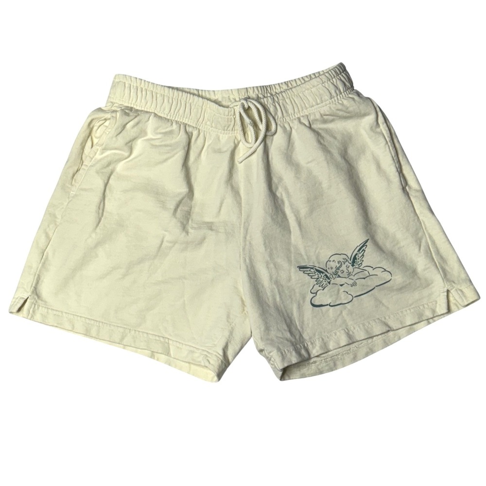 University Tees Cream Angel Cherub Graphic Cotton Fleece Shorts Mens Medium